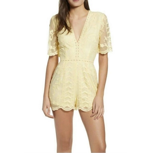 Socialite Pants - Socialite yellow lace Romper Jumpsuit V-neck Embroidered